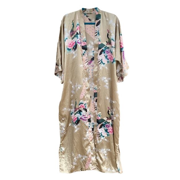 Peacock Kimono Bat Wing Sleeves Golden Beige Orchids Floral No Belt Size XL - Picture 1 of 12